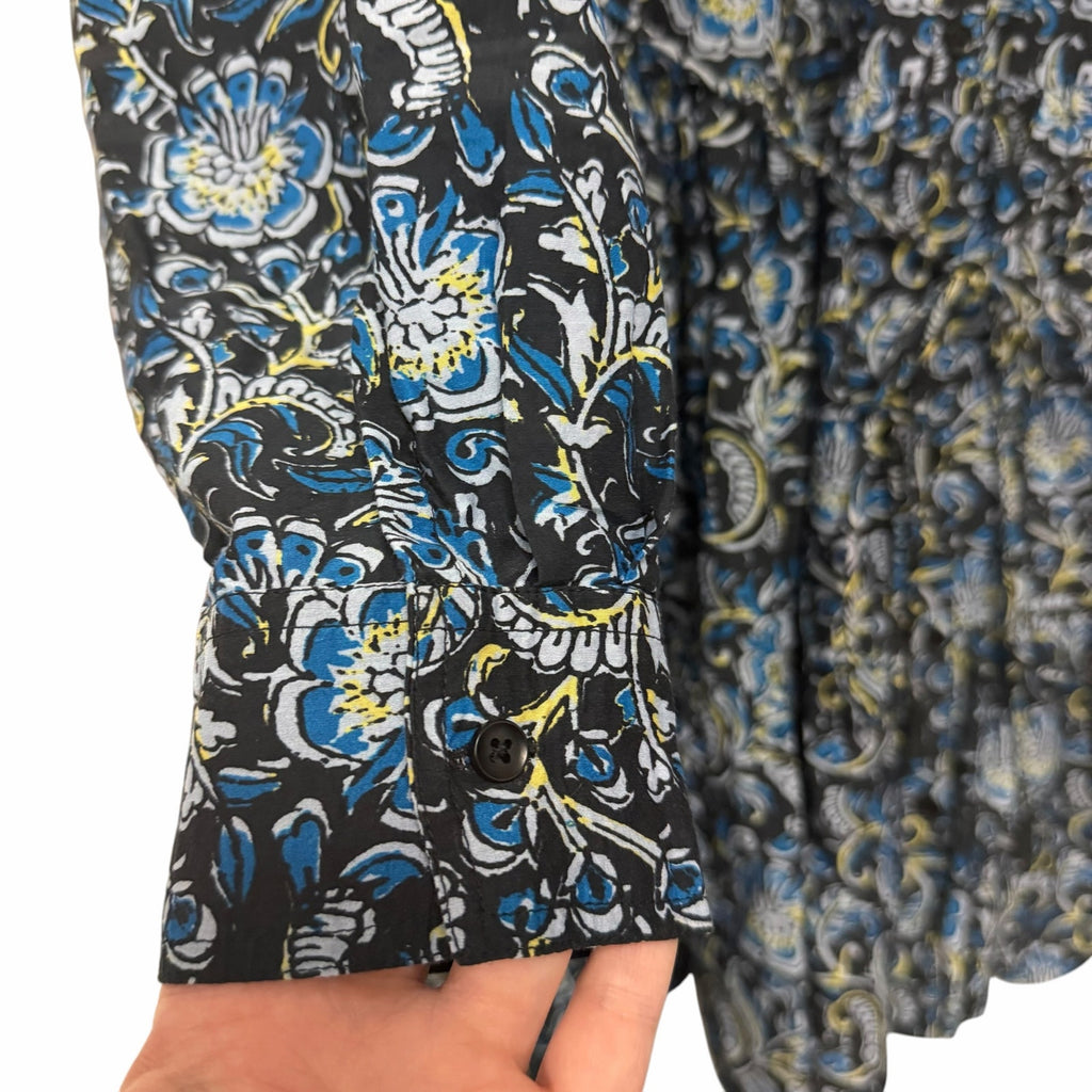 Apiece Apart Long Sleeve Shirt Dress Black Blue Yellow Floral Print Size Small