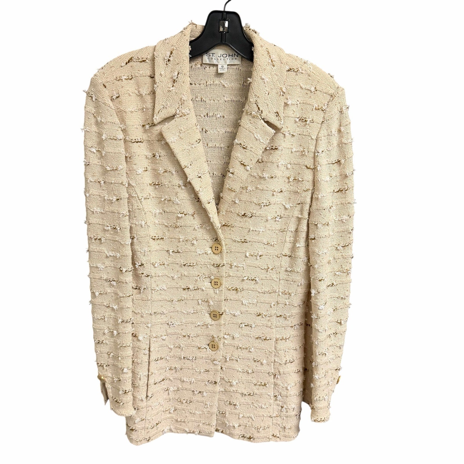 St. John Collection Neutral Tweed Boucle Knit Button Front Blazer Jacket Size 10