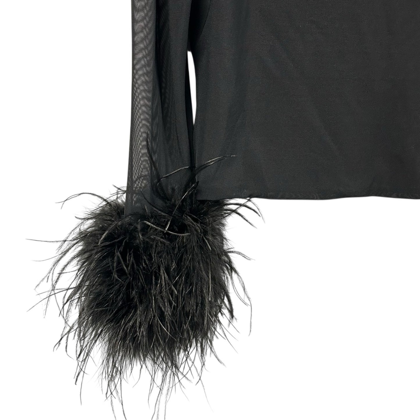 Alice + Olivia Black Delaina Feather Trim Cuff Mesh Long Sleeve Top Womens XL