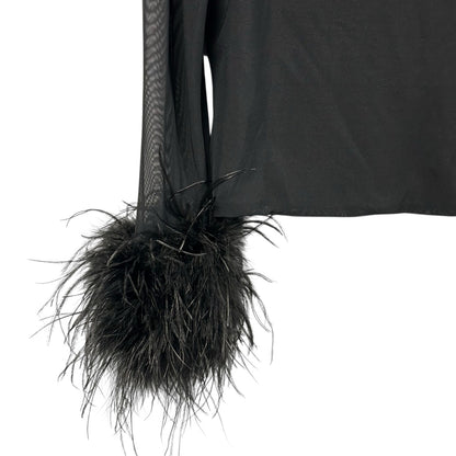 Alice + Olivia Black Delaina Feather Trim Cuff Mesh Long Sleeve Top Womens XL
