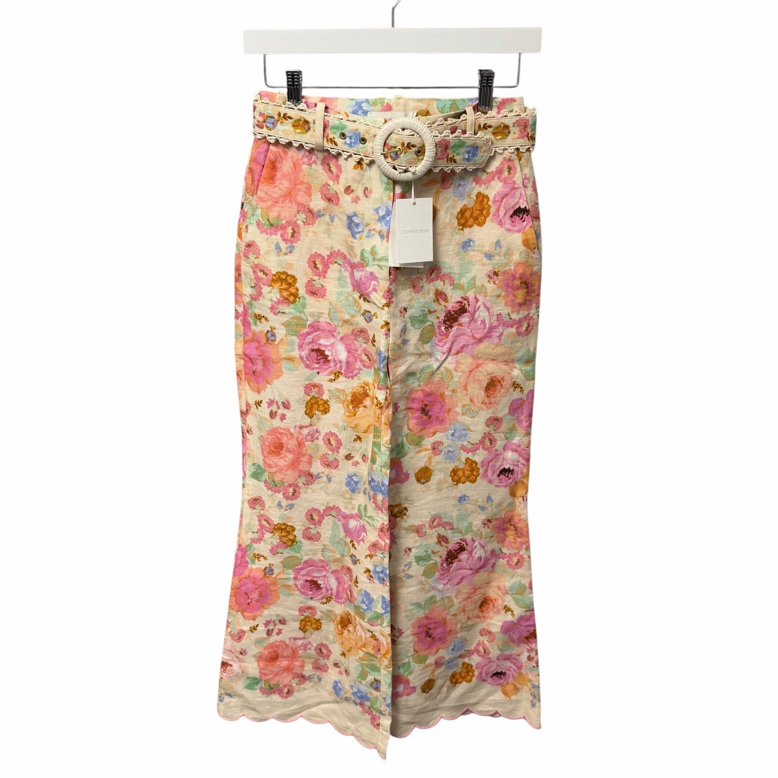 NWT Zimmermann Pure Linen Raie Crop Flare Pant Pink Multi Floral Womens US 4