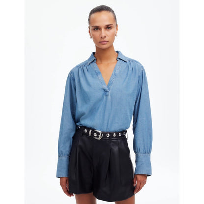 Madewell Chambray Easy Y-Neck Button-Up Collared Shirt in Ritch Wash Womens XS