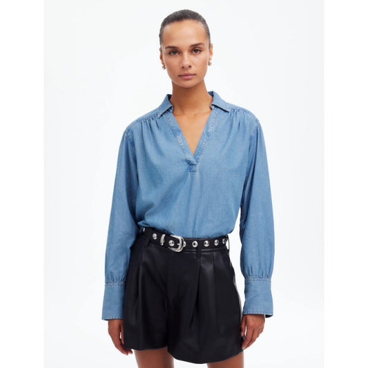 Madewell Chambray Easy Y-Neck Button-Up Collared Shirt in Ritch Wash Womens XS