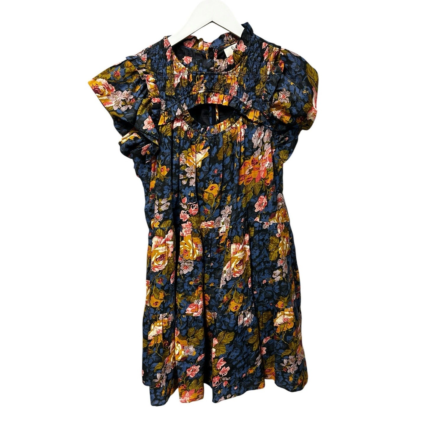 Sea New York Ines Navy Yellow Floral Print Flutter Sleeve Mini Dress Womens 6