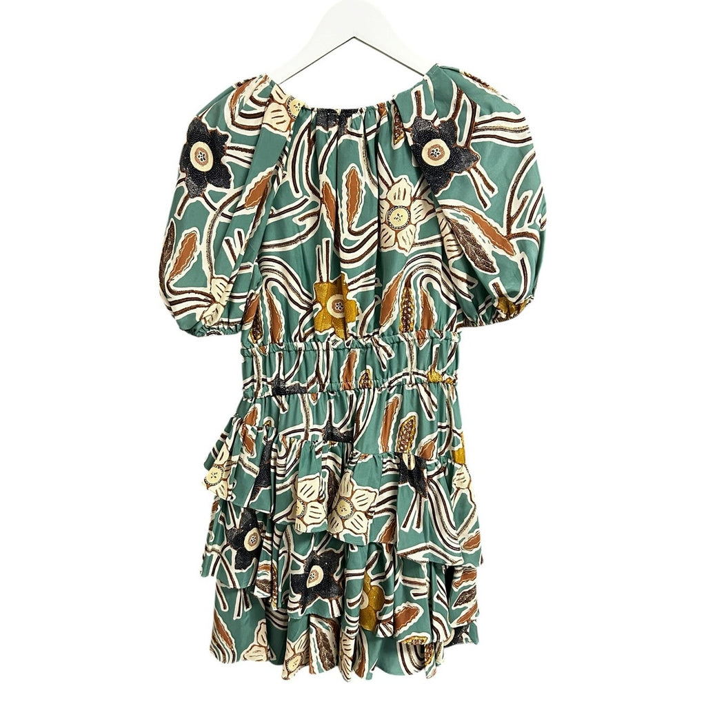 Ulla Johnson Farah Passion Flower Print Tiered Silk Tafetta Mini Dress Womens 2