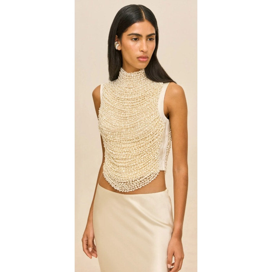 NWT Cult Gaia Taragi Top Hand Beaded Draped Pearl Embellished Womens Small