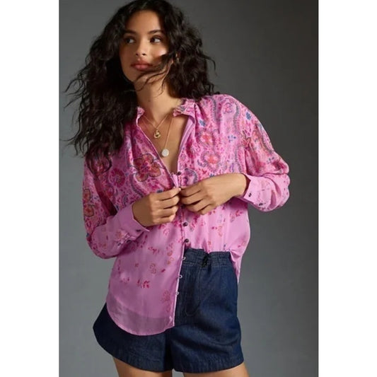 Pilcro Pink Multi Floral Print Long Sleeve Button Down Blouse Womens Medium