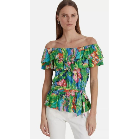 Lauren Ralph Lauren Floral Jersey Off The Shoulder Tie Front Top Womens Small