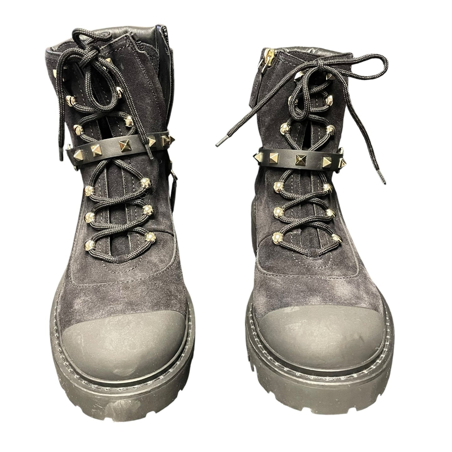 Valentino Garavani Suede Rockstud Cap Toe Combat Boots Black Gold 39.5 / US 9.5