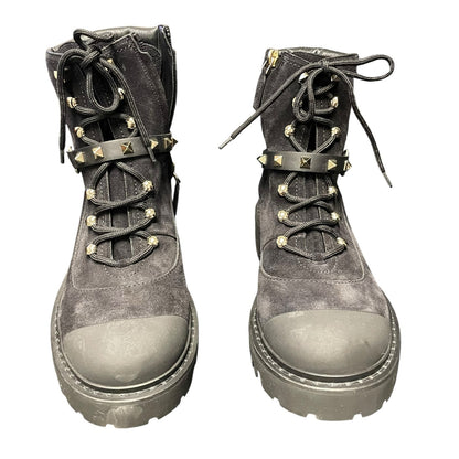 Valentino Garavani Suede Rockstud Cap Toe Combat Boots Black Gold 39.5 / US 9.5