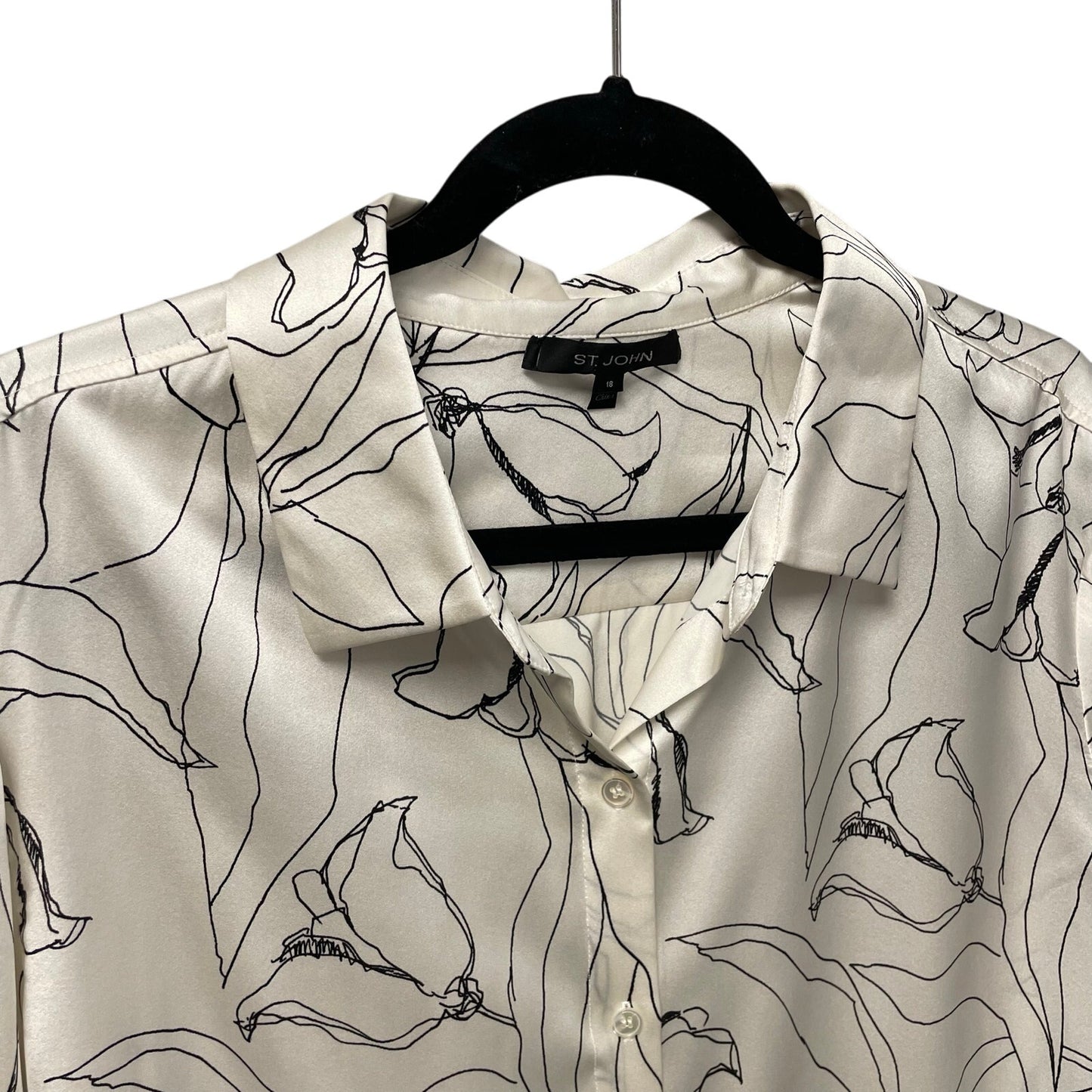 St. John Ivory Black Floral Print Silk Blend Long Sleeve Button Up Womens 18