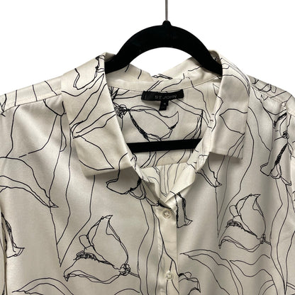 St. John Ivory Black Floral Print Silk Blend Long Sleeve Button Up Womens 18