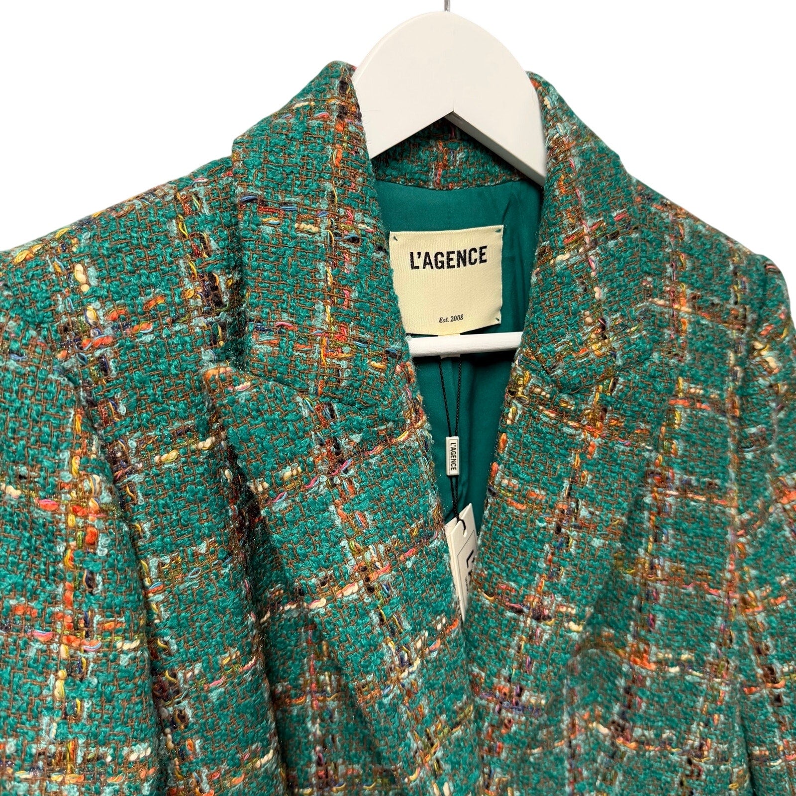 NWT L'Agence Gweny Relaxed Blazer Jacket Green Windowpane Tweed Womens 2