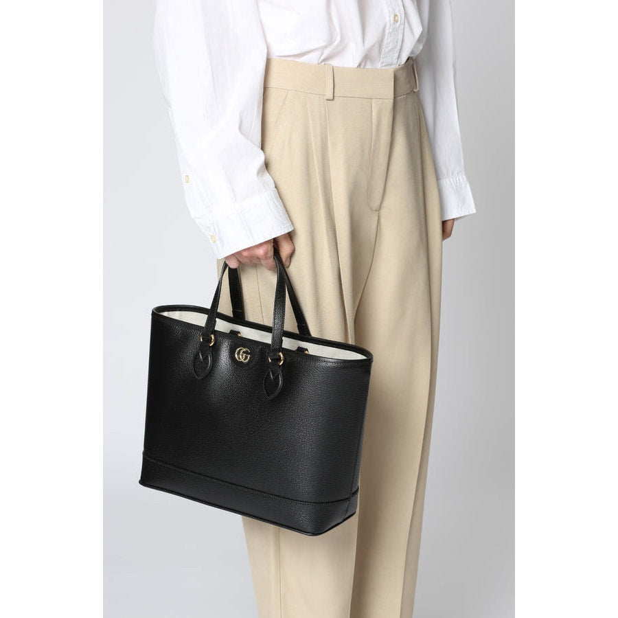 Gucci Black Leather Gold Interlocking GG Logo Ophidia Shopper Tote Bag