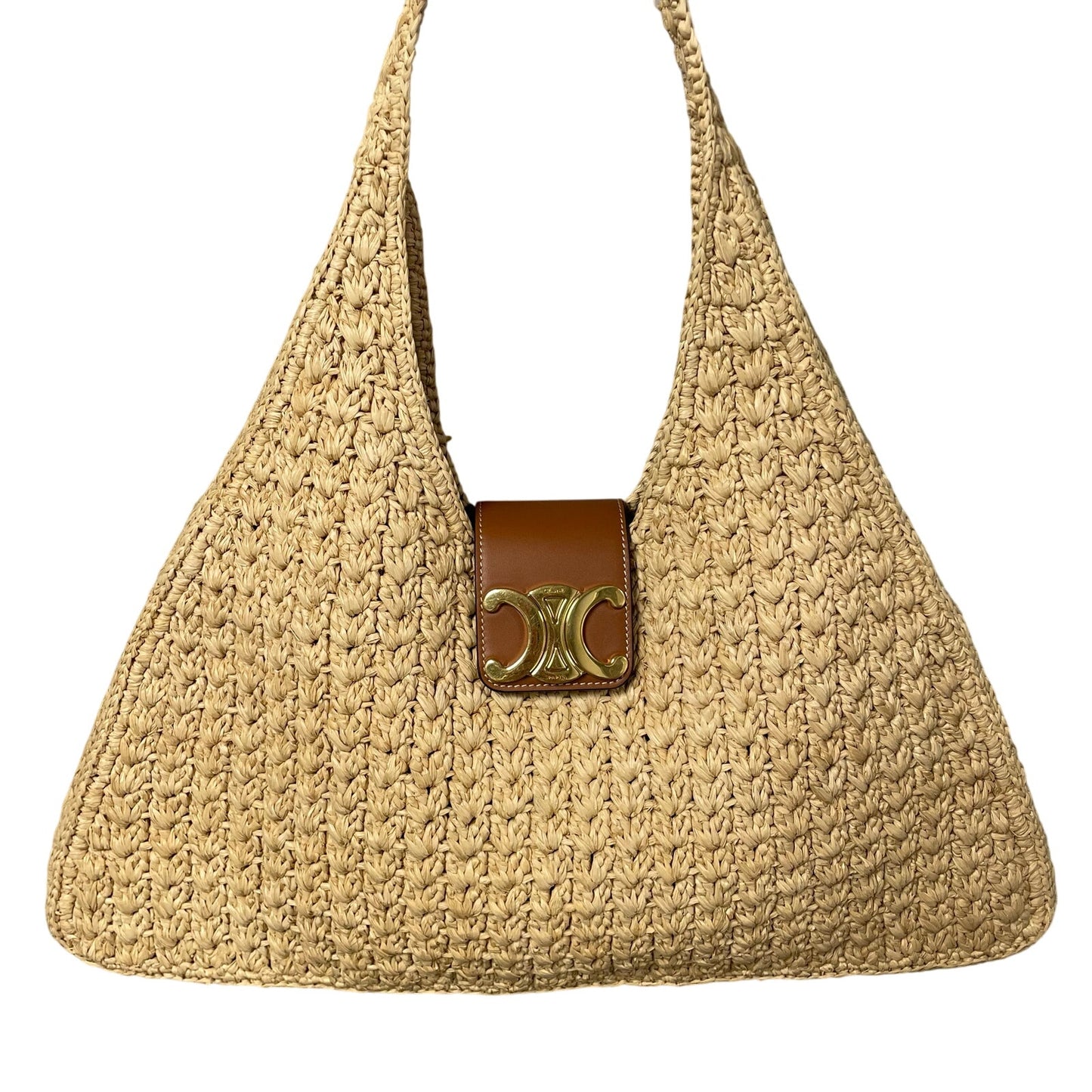 Celine Cabas Triangle Raffia and Calfskin Leather Tote Handbag in Natural / Tan