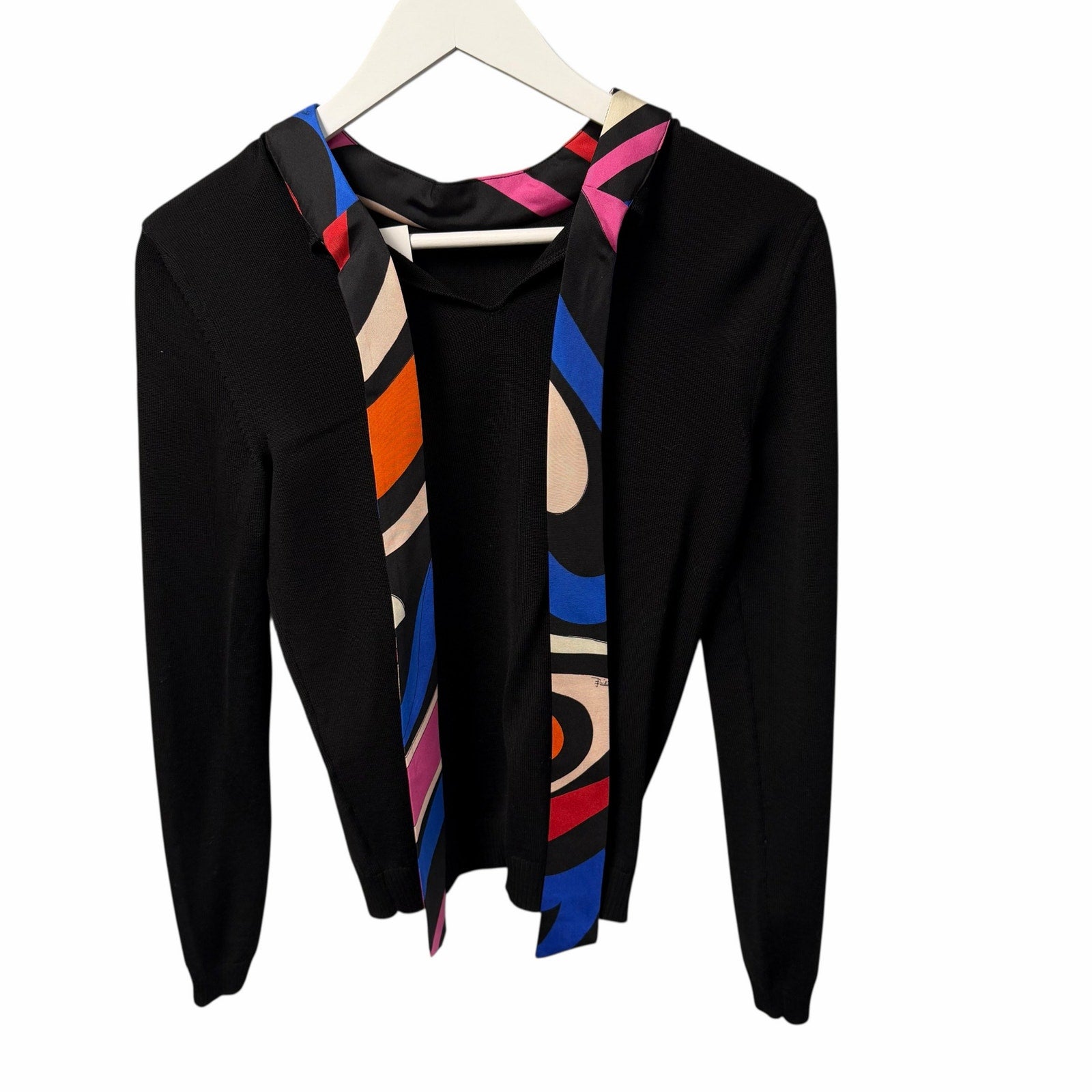 NWT Emilio Pucci Marmo Silk Collar Wool Jumper Sweater Black Tie Back Size Small