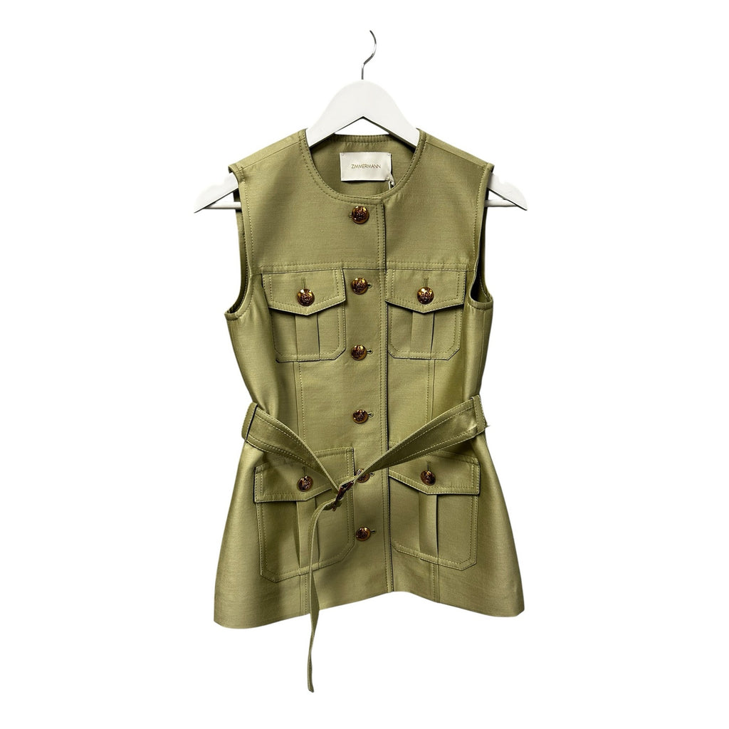 NWT Zimmermann Palm Green Luna Wool Silk Utility Sleeveless Vest Womens US 4