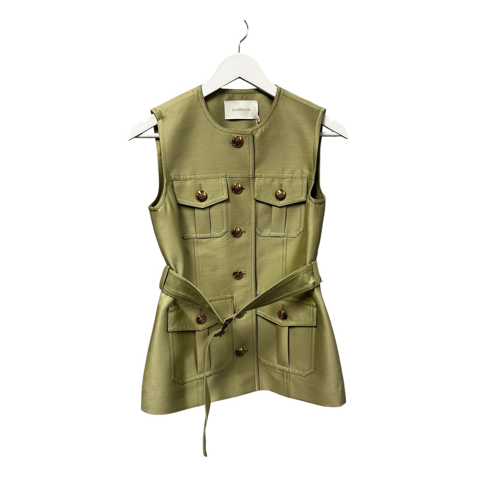NWT Zimmermann Palm Green Luna Wool Silk Utility Sleeveless Vest Womens US 4