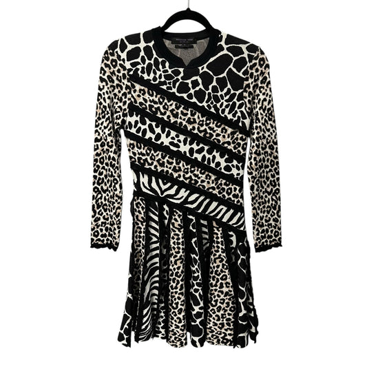 Shanghai Tang Black White Tan Mixed Animal Print Long Sleeve Dress Womens Small