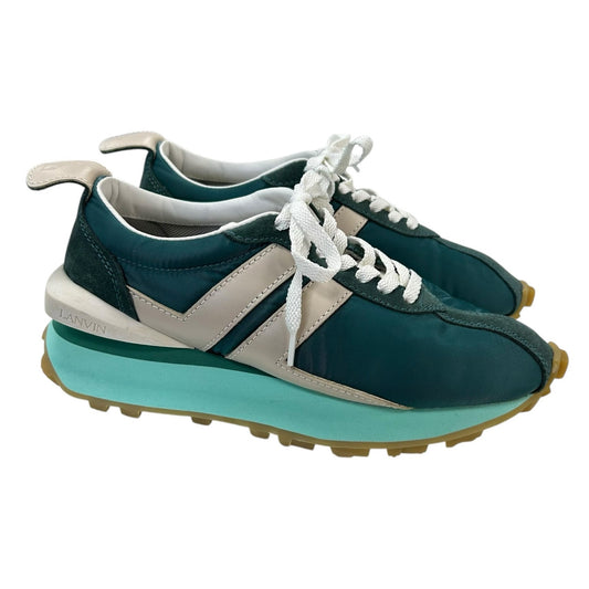 Lanvin Peacock Blue White Bumpr Suede Leather Lace Up Sneakers Womens 37 / US 6