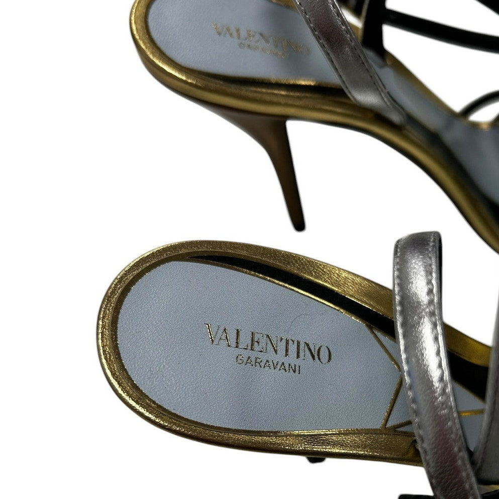 Valentino Garavani Gold Silver Black Nodine 100mm Sandals Womens 39 / US 9