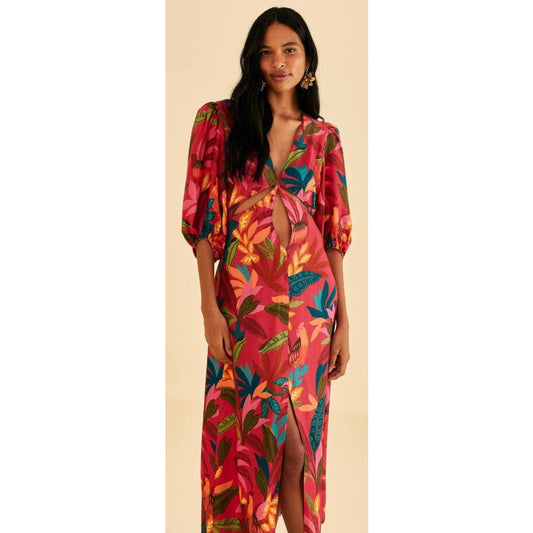 NWT Farm Rio Rooster Leaves Red Short Sleeve Maxi Dress XS
