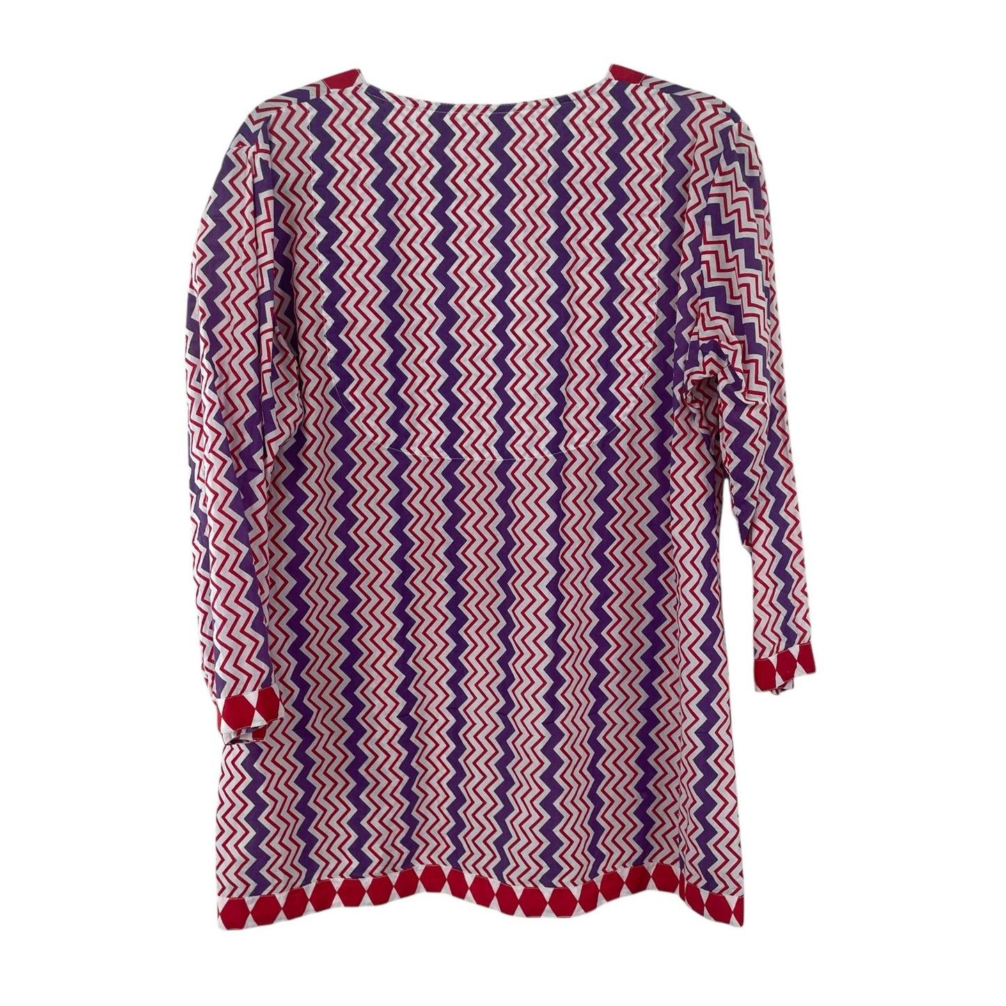 Gretchen Scott V Neck 3/4 Sleeve 100% Cotton Red Purple Geo Print Top Large
