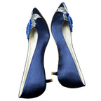 Something Bleu Navy Satin Bo Pointed Toe Floral Applique Kitten Heels Womens 6