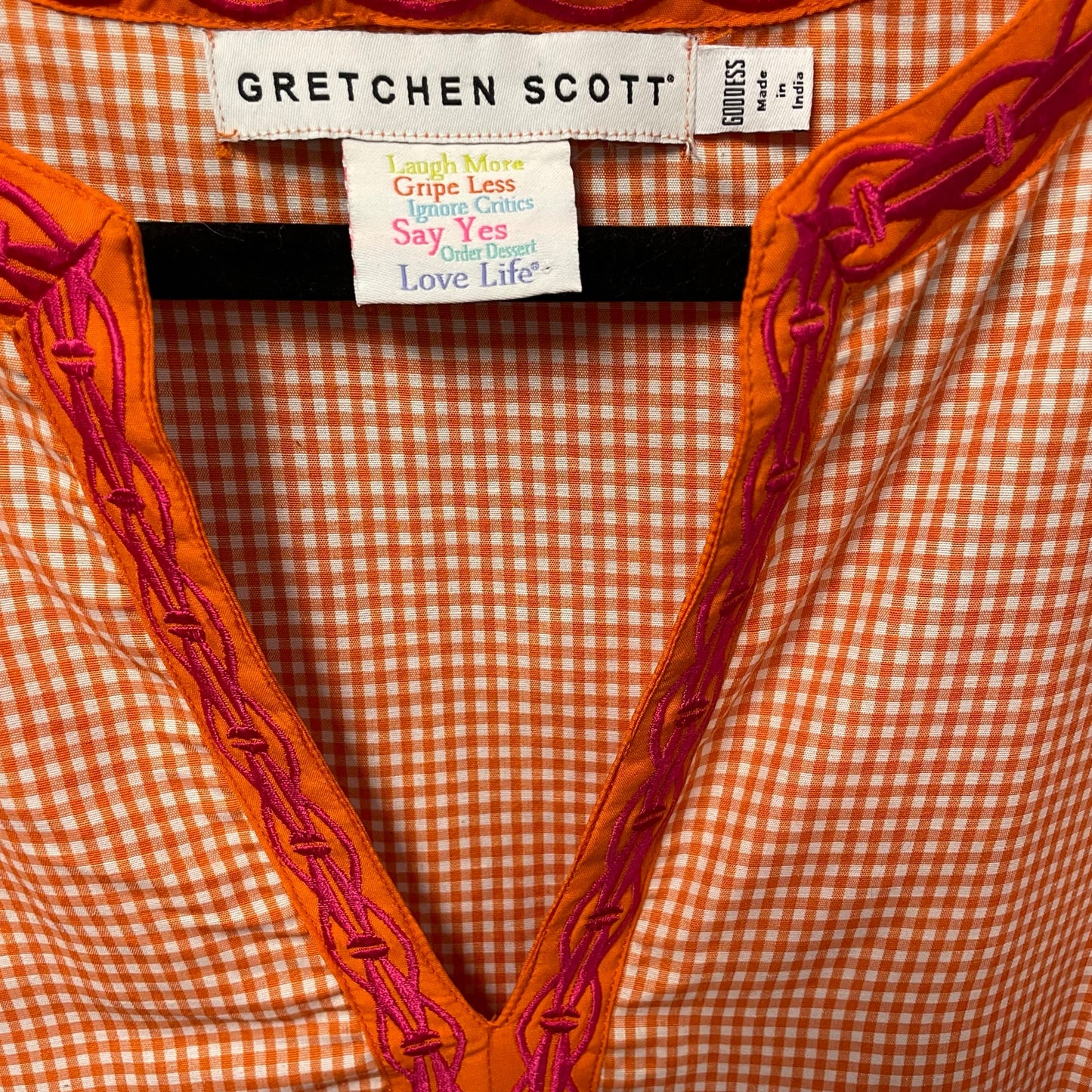 Gretchen Scott Orange White Gingham Pink Floral Embroidered Tunic Goddess / XXL