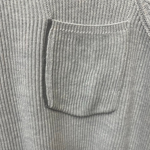 Brunello Cucinelli Cotton Ribbed Knit Sweater Light Grey Pocket Front Size Small