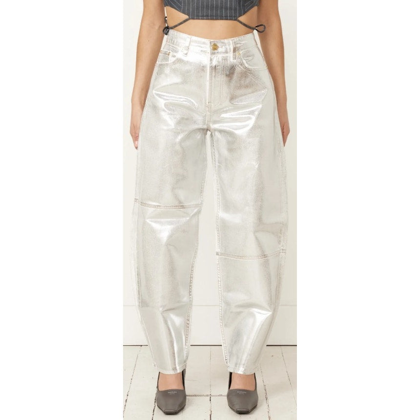 NWT Ganni Foil Denim Stary Pant Bright White Metallic Silver Size 25 Retro Party