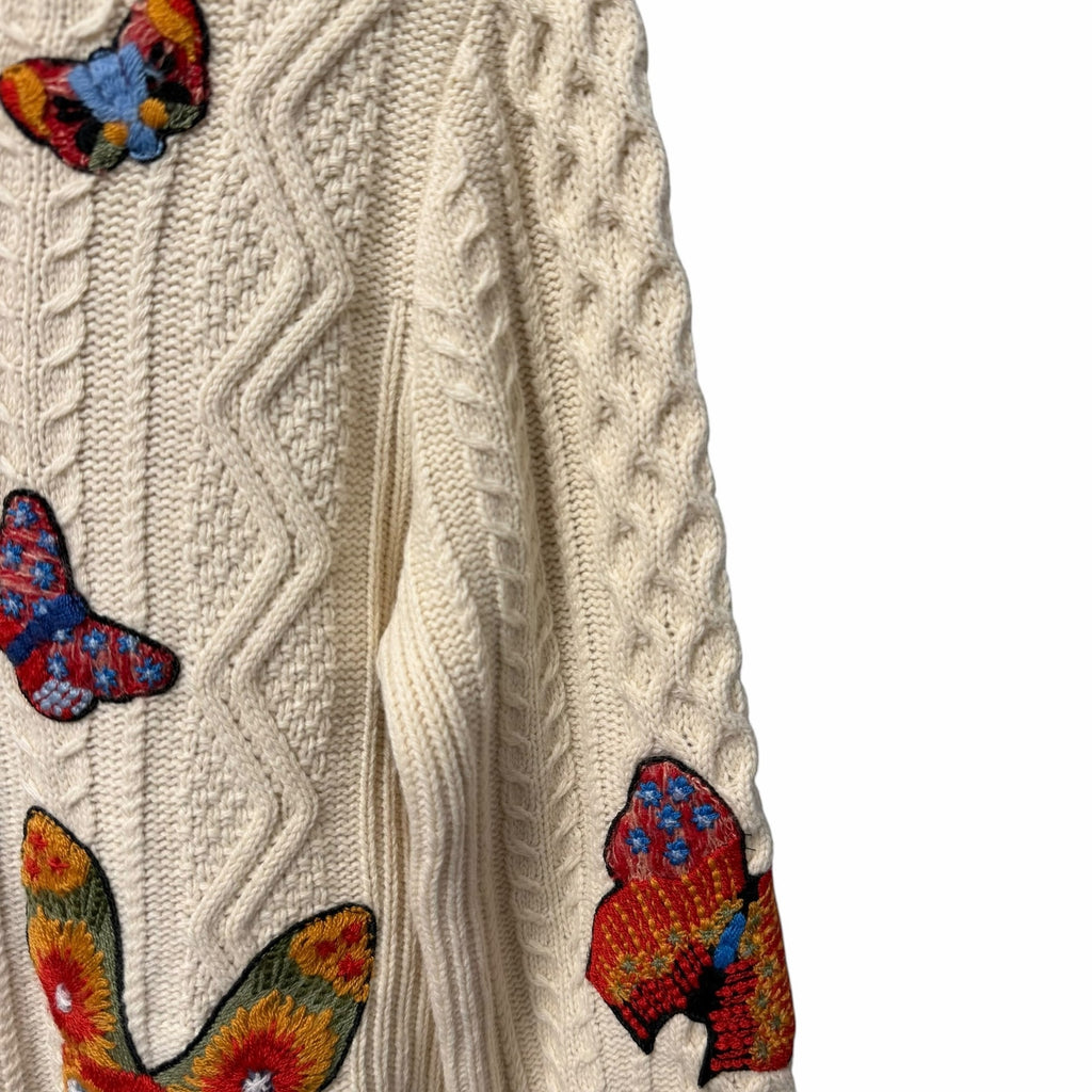 Valentino Butterfly Embroidered Sweater Cream Multicolor Cable Knit Size Medium