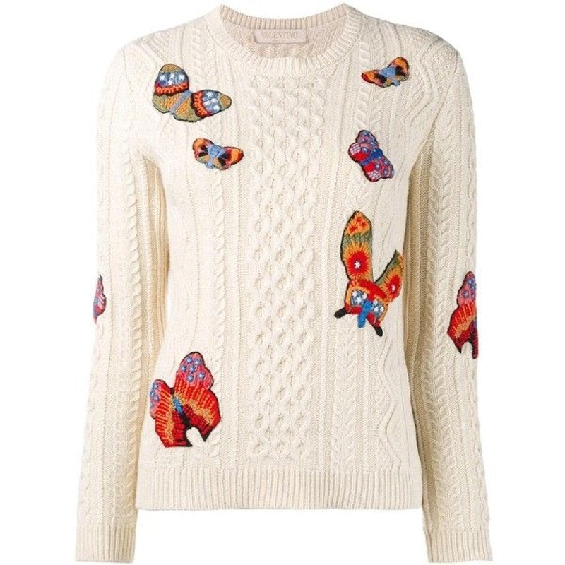 Valentino Butterfly Embroidered Sweater Cream Multicolor Cable Knit Size Medium