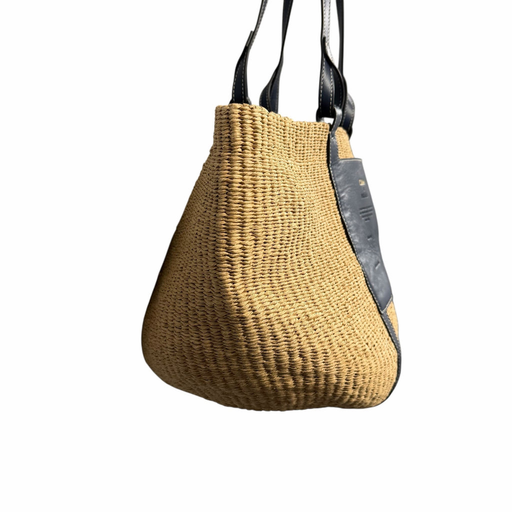 Chloe x Mifuko Large Raffia Basket Tote in Fair Trade Paper & Navy Leather