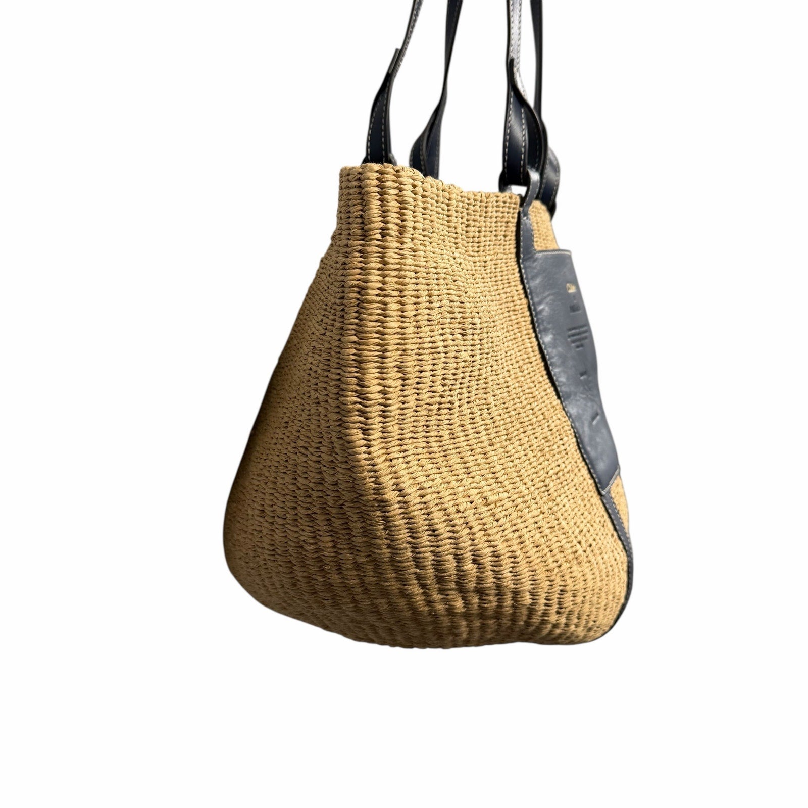 Chloe x Mifuko Large Raffia Basket Tote in Fair Trade Paper & Navy Leather