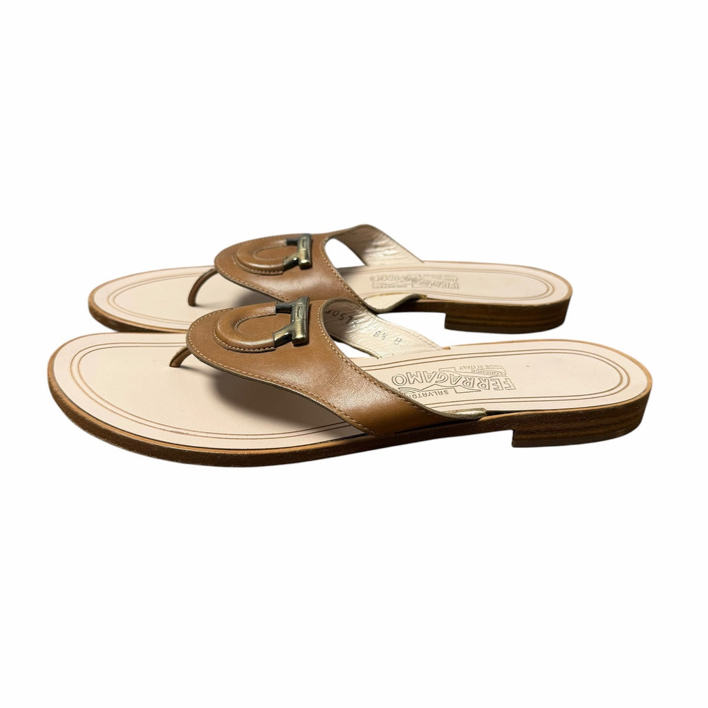 Salvatore Ferragamo Tan Leather Hardware Logo Emblem Thong Sandal Womens 8.5