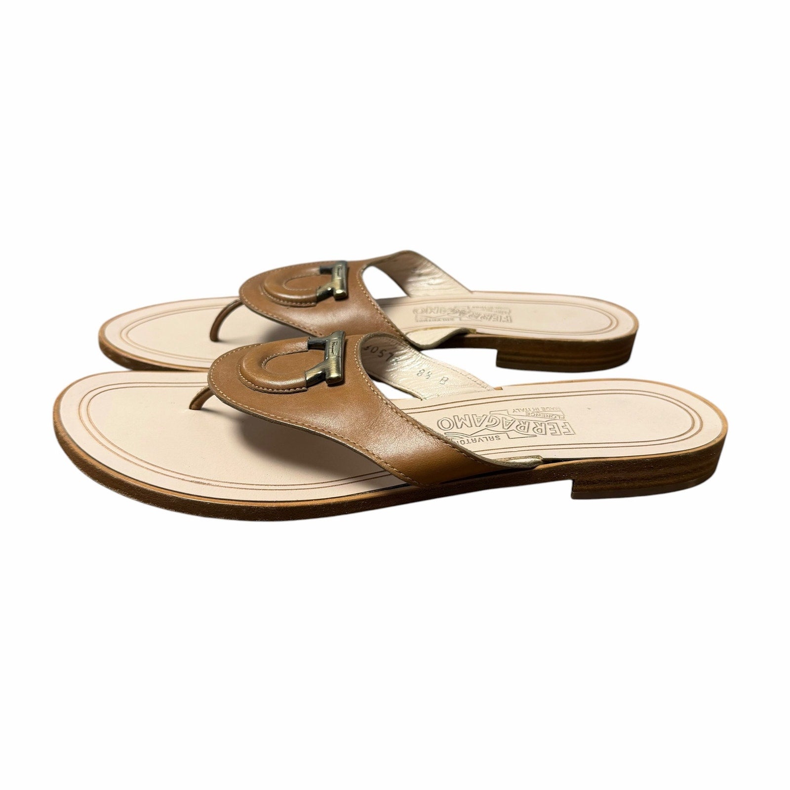 Salvatore Ferragamo Tan Leather Hardware Logo Emblem Thong Sandal Womens 8.5