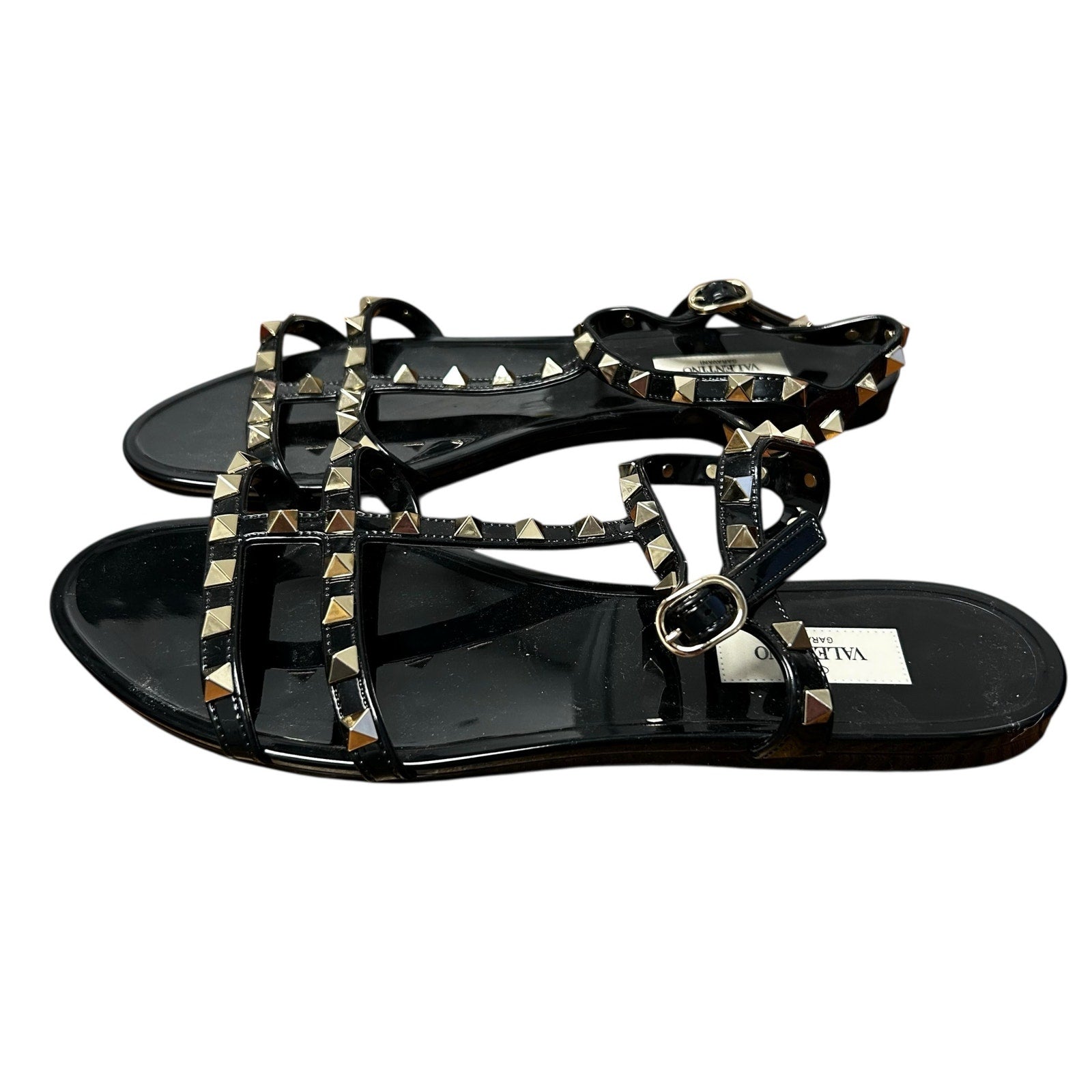 Valentino Garavani Gold Rockstud Black Glossy Rubber Sandals Womens 40 / US 10