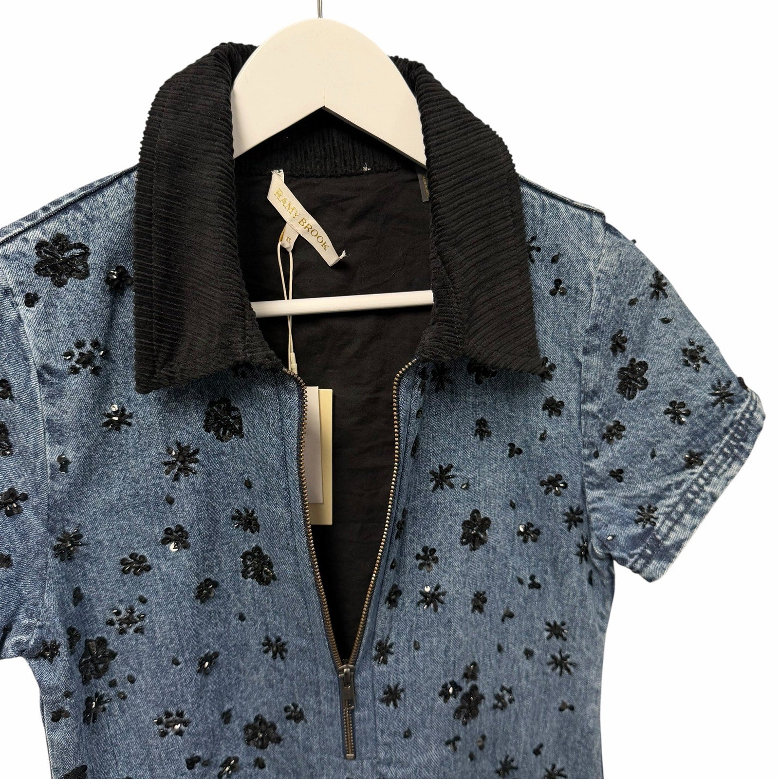 NWT Ramy Brook Rita Embellished Denim Mini Dress Blue Black Corduroy Collar XS
