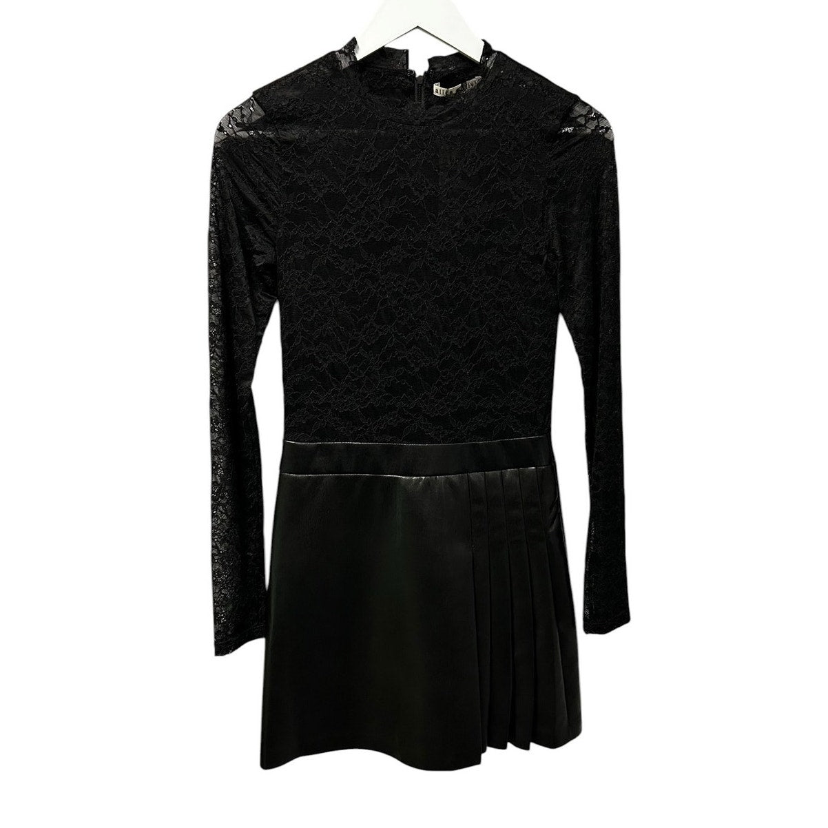 NWT Alice + Olivia Black Chara Lace Vegan Leather Pleated Mini Dress Womens 2