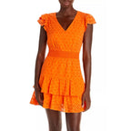 Alice + Olivia Orange Ruffle Short Sleeve Markita Ruffled Tiered Dress Womens 2