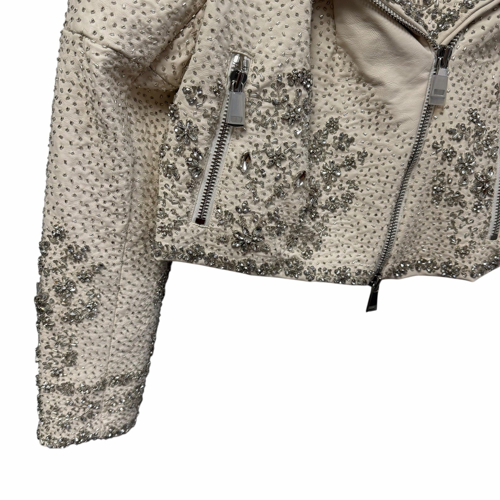 NWT Alice + Olivia Avril Embellished Vegan Moto Jacket Off White Womens Small