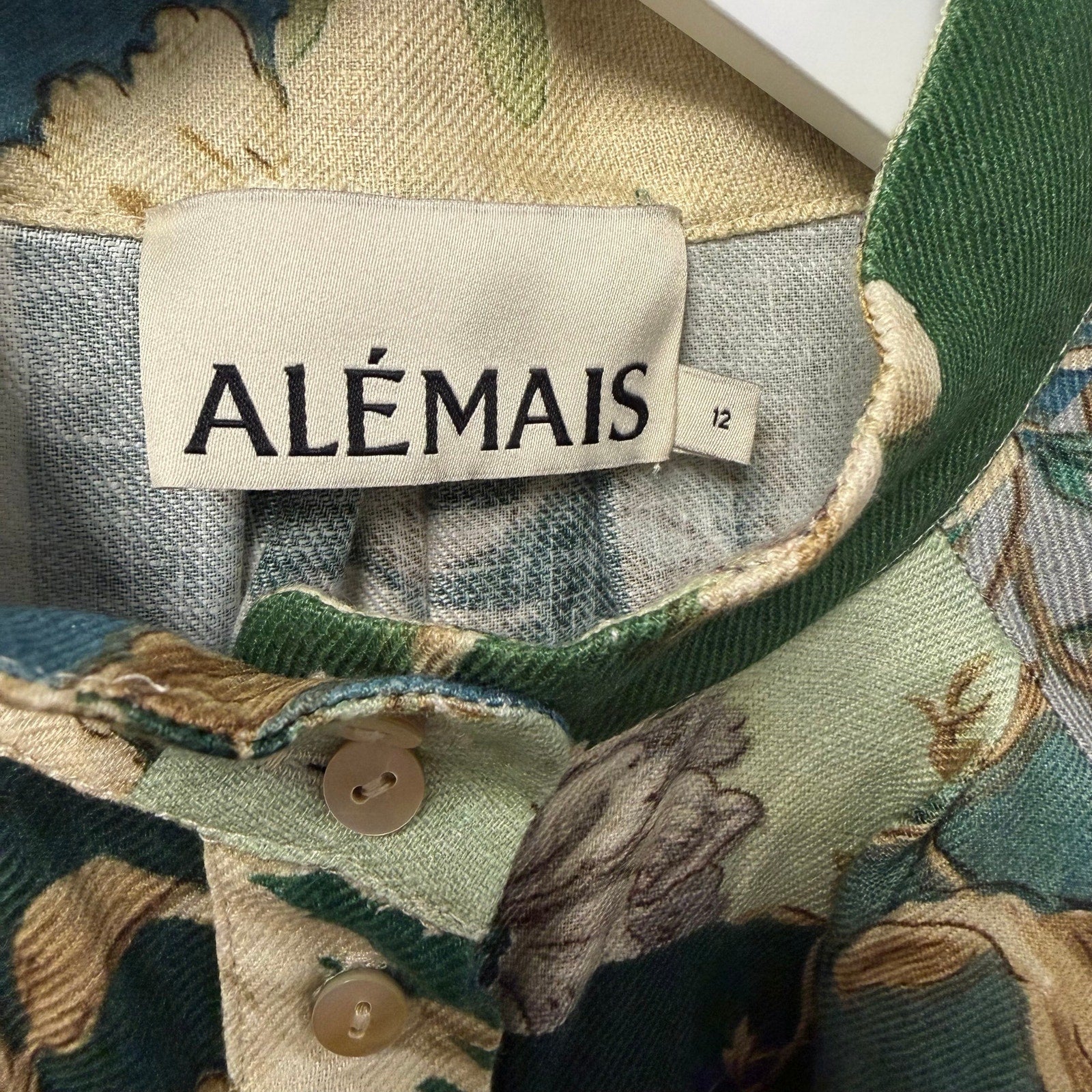 Alemais Loretta Patchwork Dress Green Multi Floral Pure Linen Size AU 12 / US 8