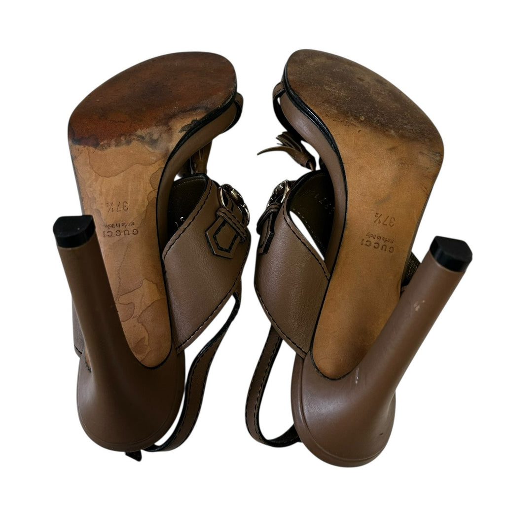 Gucci Brown Leather Horsebit Tassel Emily Slingback Heels Womens 37.5 / US 7.5