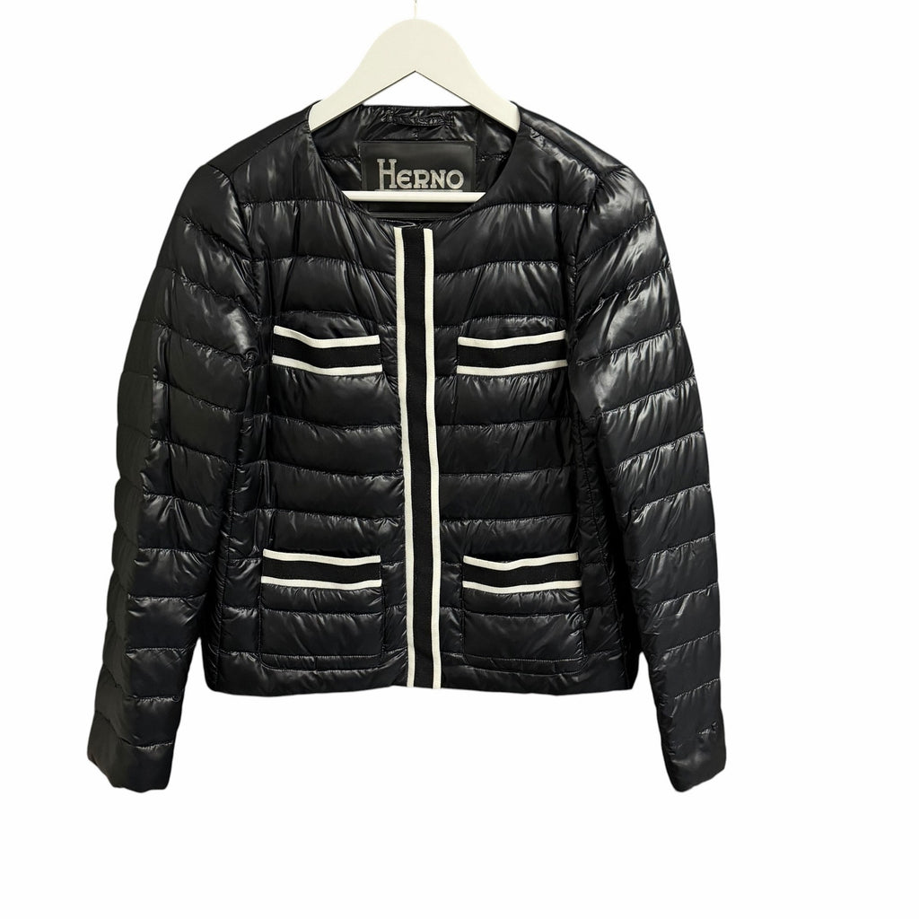 Herno Grosgrain Trim Water Resistant Down Puffer Jacket Black White Size US 8
