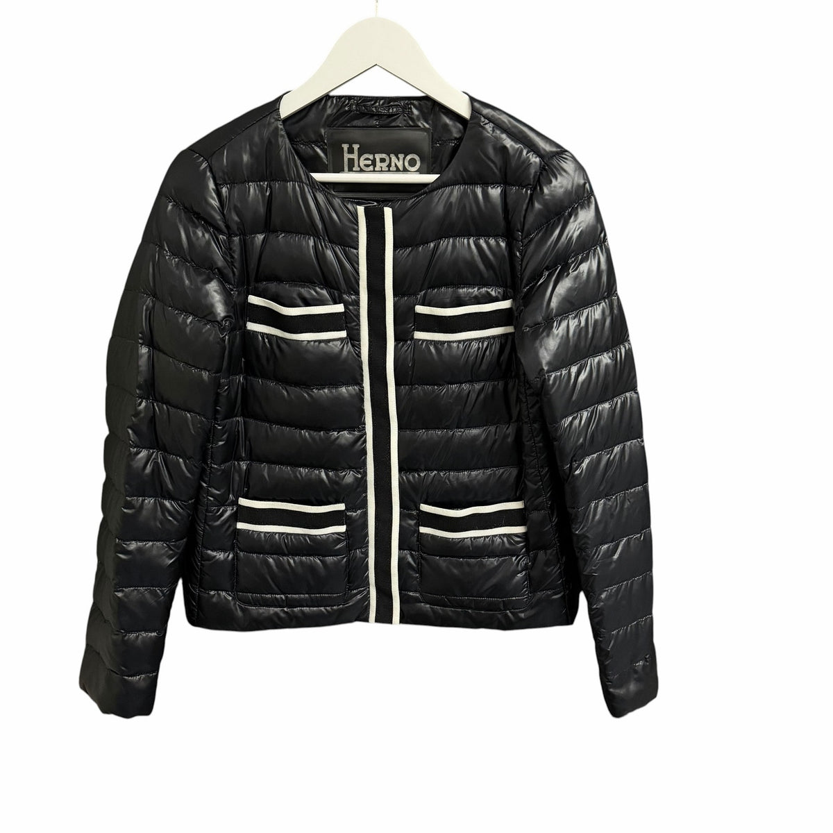 Herno Grosgrain Trim Water Resistant Down Puffer Jacket Black White Size US 8
