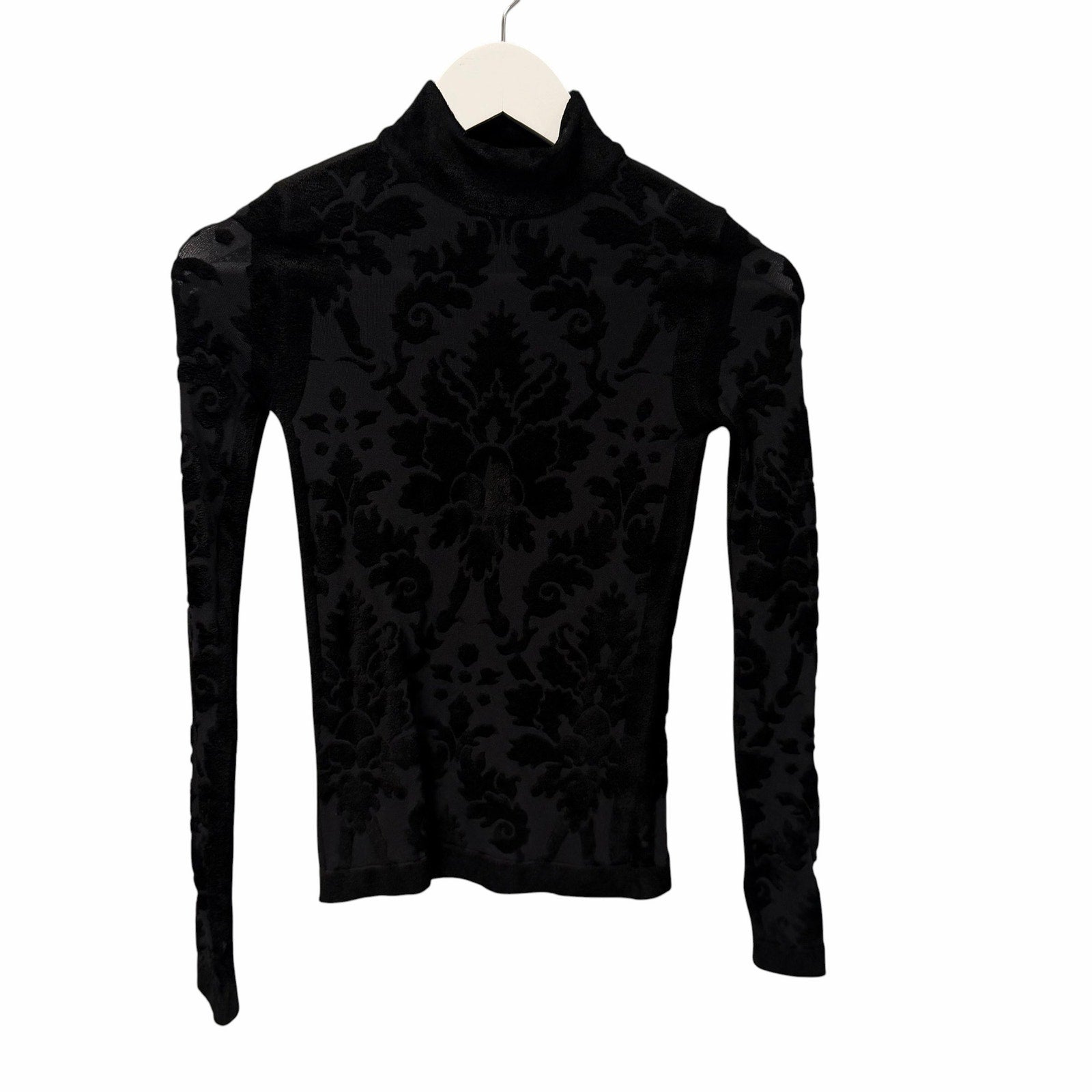 Christian Dior Black Mesh Knit Velour Jacquard Long Sleeve Fitted Top Size Small