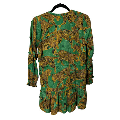 Farm Rio Green Artsy Leopards Print Long Sleeve Front Tie Mini Dress Womens XS