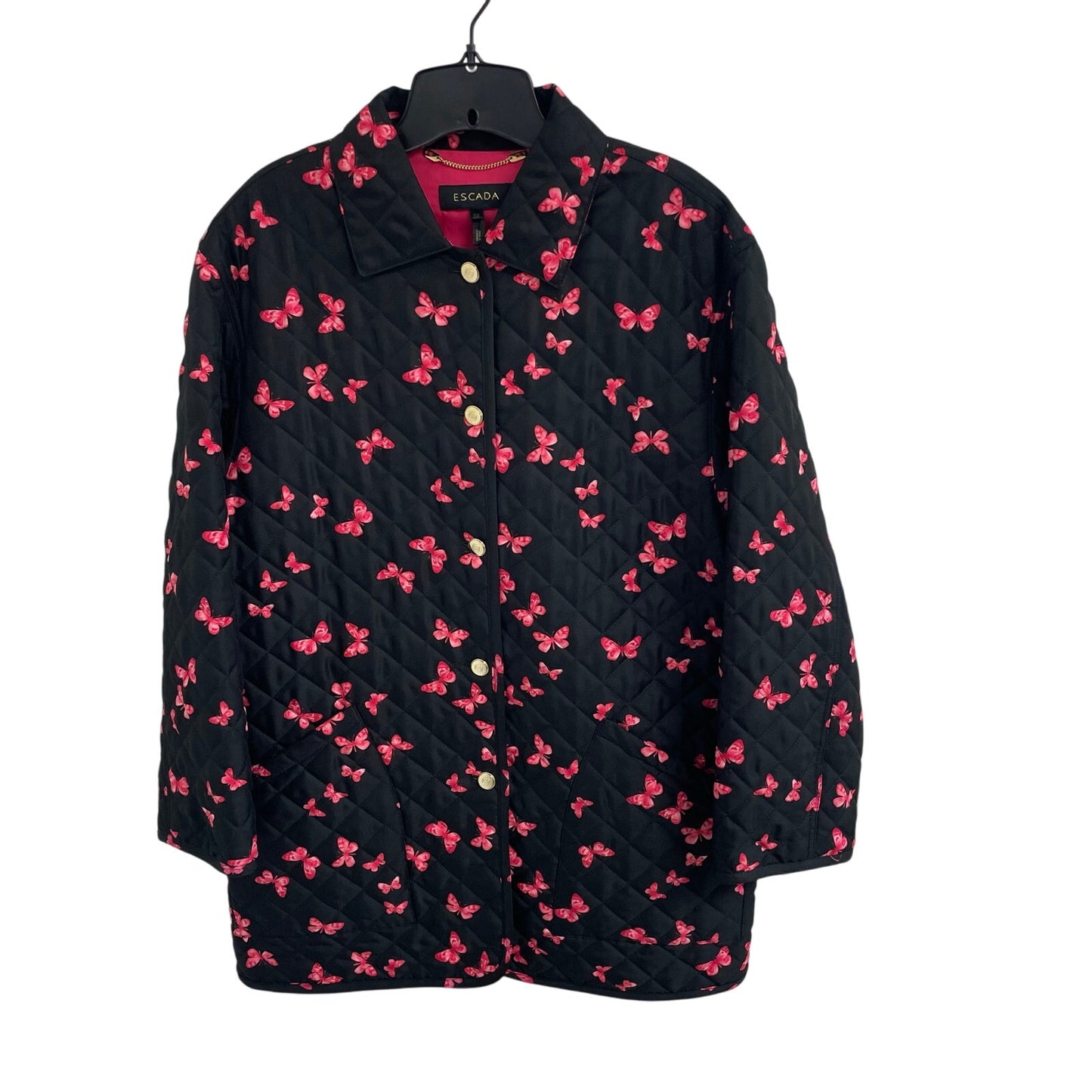 Escada Black Pink Butterfly Print Button Up Quilted Jacket Womens Size 38 / US 8