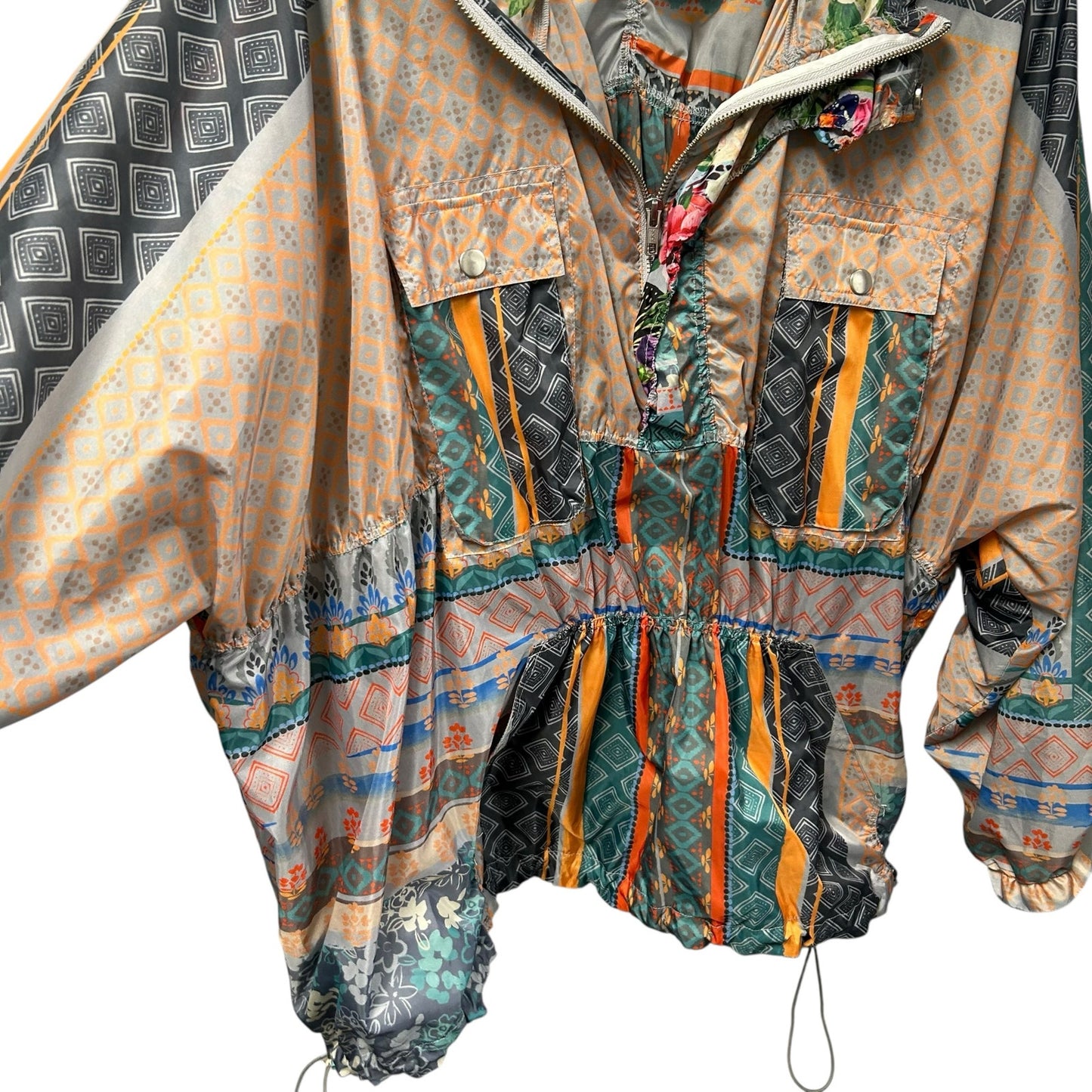 Johnny Was Multicolor Mixed Print Patchwork Hooded Anorak Jacket Womens Medium